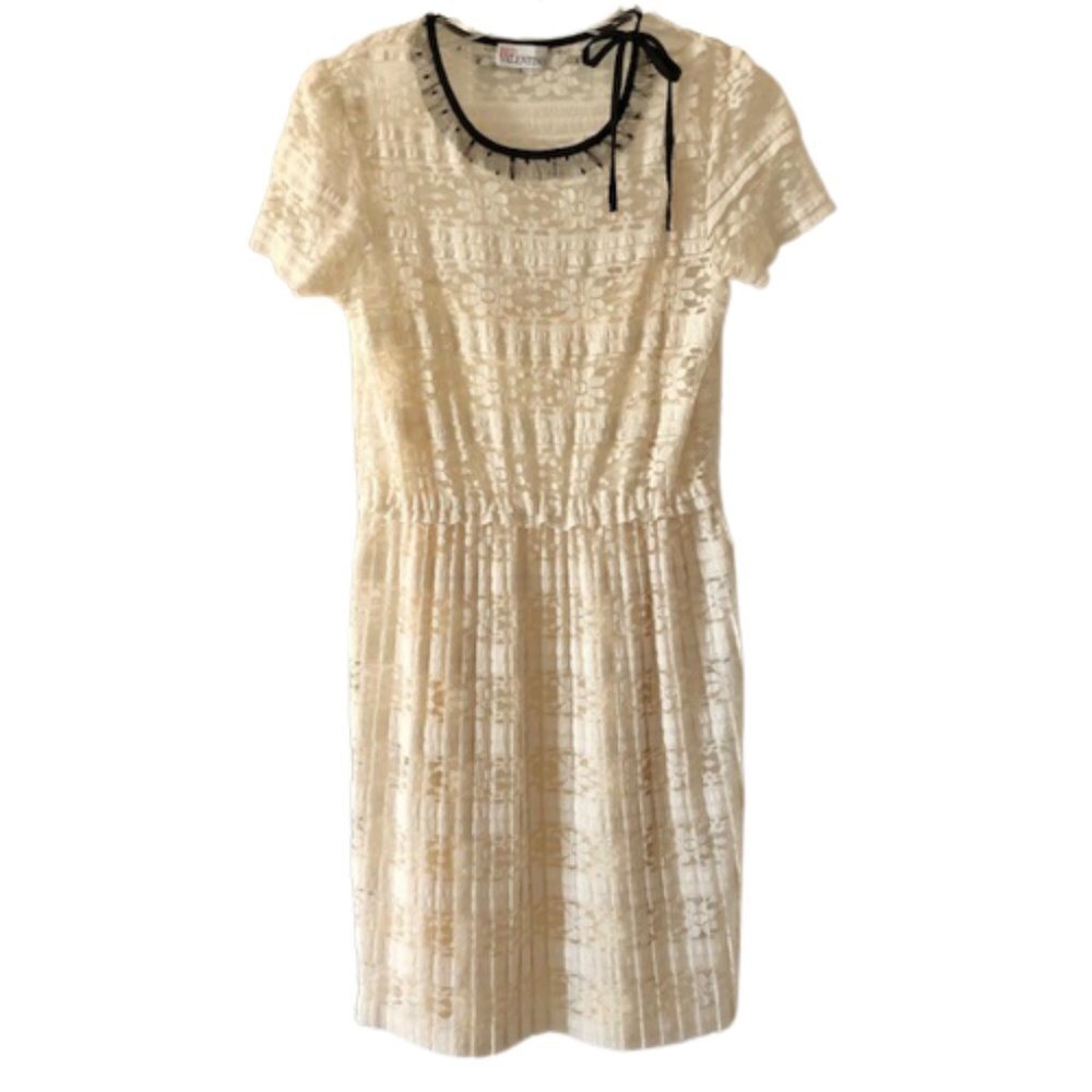RED Valentino Cream Lace Fit & Flare Dress Black Tulle/Ribbon Accent - M